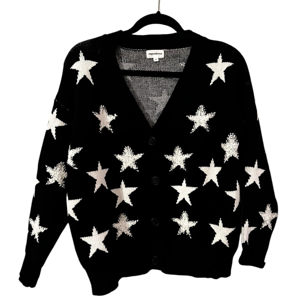 Super Down Karol Star Cardigan in Black and White‎ Boucle Knit Size Small
